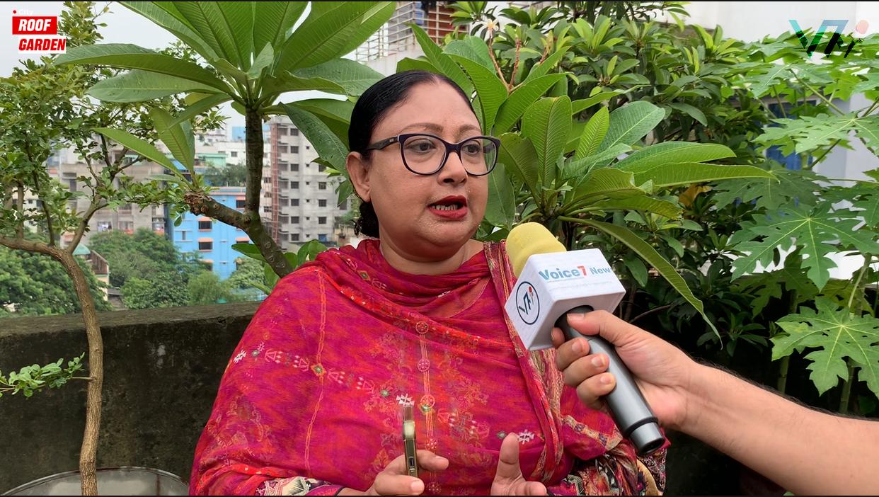 "Rifat Ara said, 'I face no problems from my supportive family, but apartment living in Dhaka brings many challenges for rooftop gardening." Photo: Voice7 News